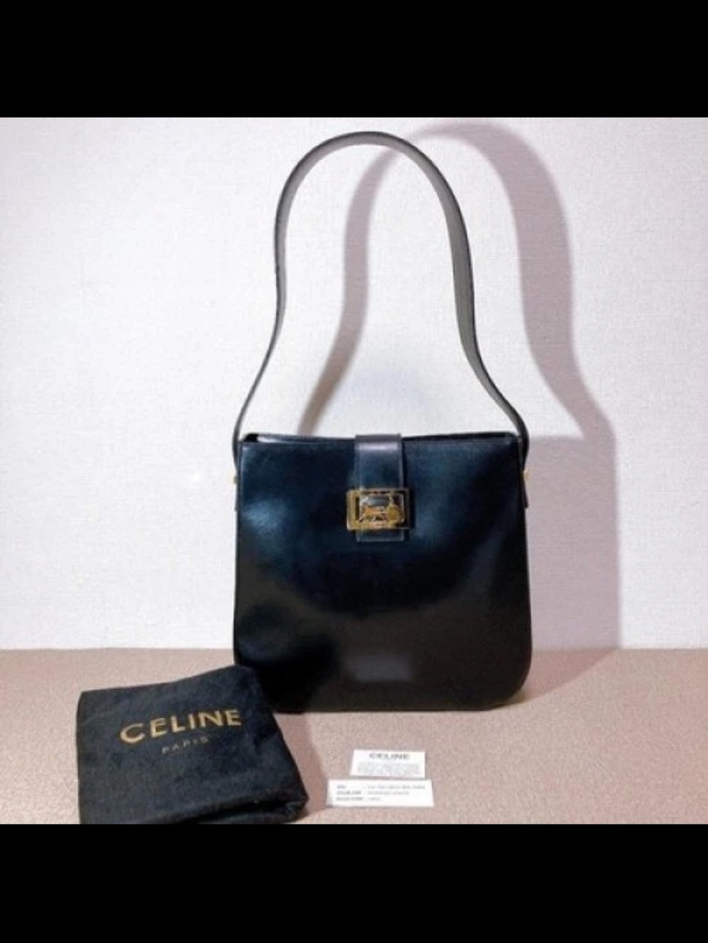 Celine Black Leather Shoulder Bag with Gold-Tone Clasp